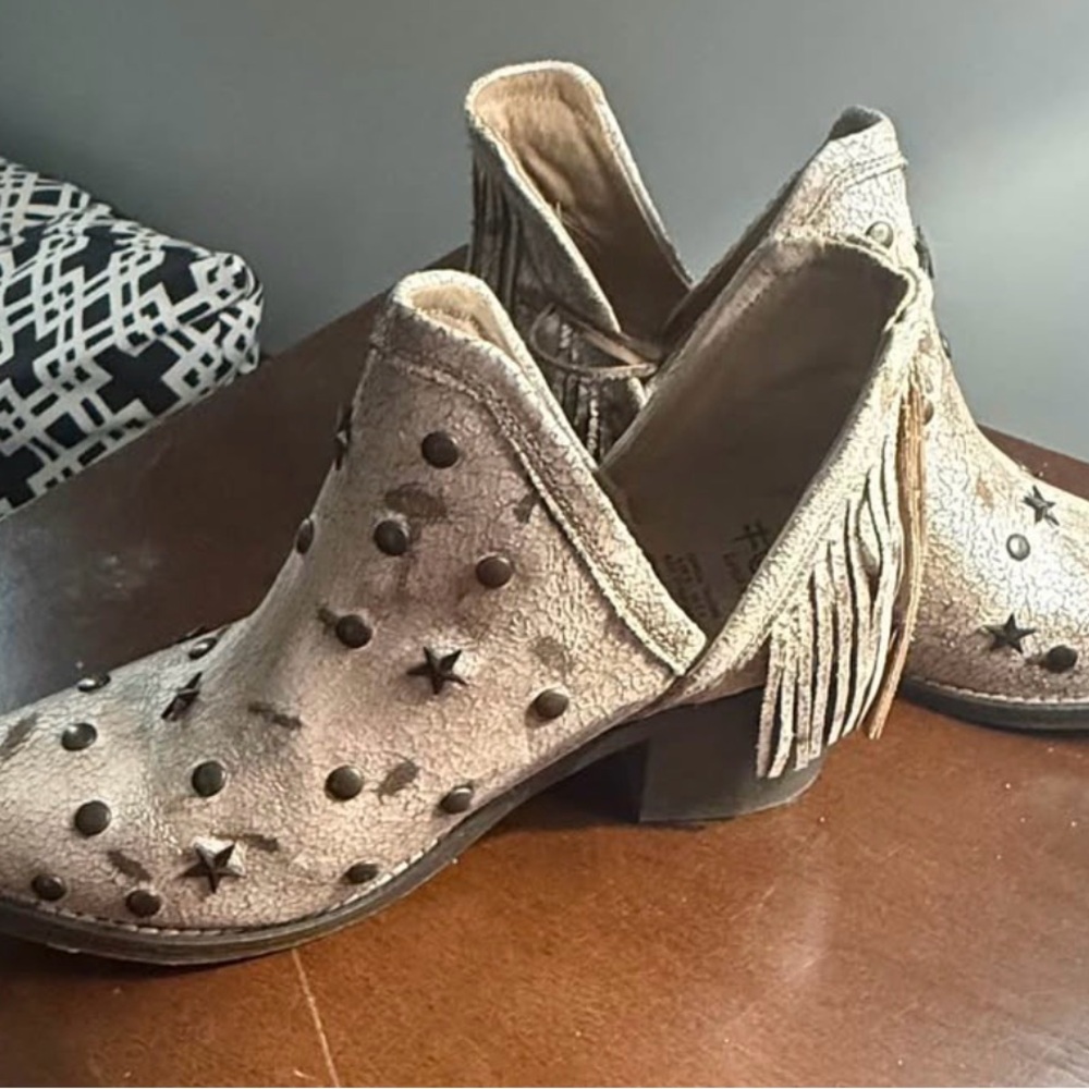 Fringed Studded Heeled Boots - Cream
